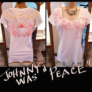 JOHNNY WAS "PEACE" Embroidered Button Shoulder Cap Sleeve Cotton T-Shirt EUC LG